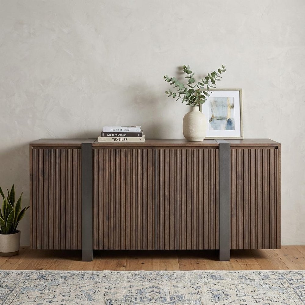 69" Brown Distressed Wood And Steel Ribbed Texture Sideboard With Four Doors HomeRoots