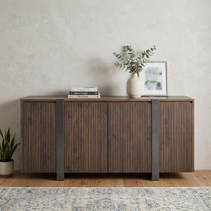 69" Brown Distressed Wood And Steel Ribbed Texture Sideboard With Four Doors HomeRoots