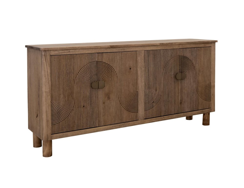 69" Brown Distressed Wood Carved Geometric Sideboard With Four Doors HomeRoots