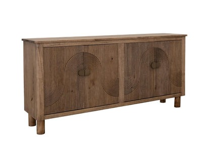 69" Brown Distressed Wood Carved Geometric Sideboard With Four Doors HomeRoots