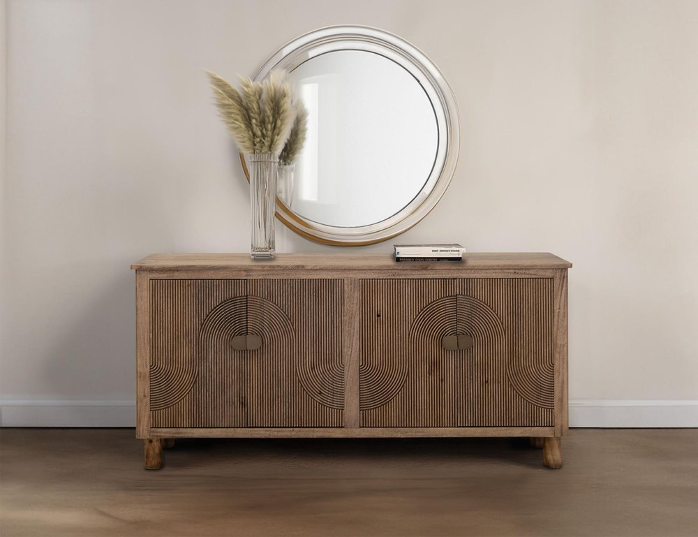 69" Brown Distressed Wood Carved Geometric Sideboard With Four Doors HomeRoots