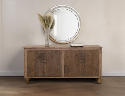 69" Brown Distressed Wood Carved Geometric Sideboard With Four Doors