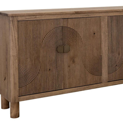 69" Brown Distressed Wood Carved Geometric Sideboard With Four Doors HomeRoots