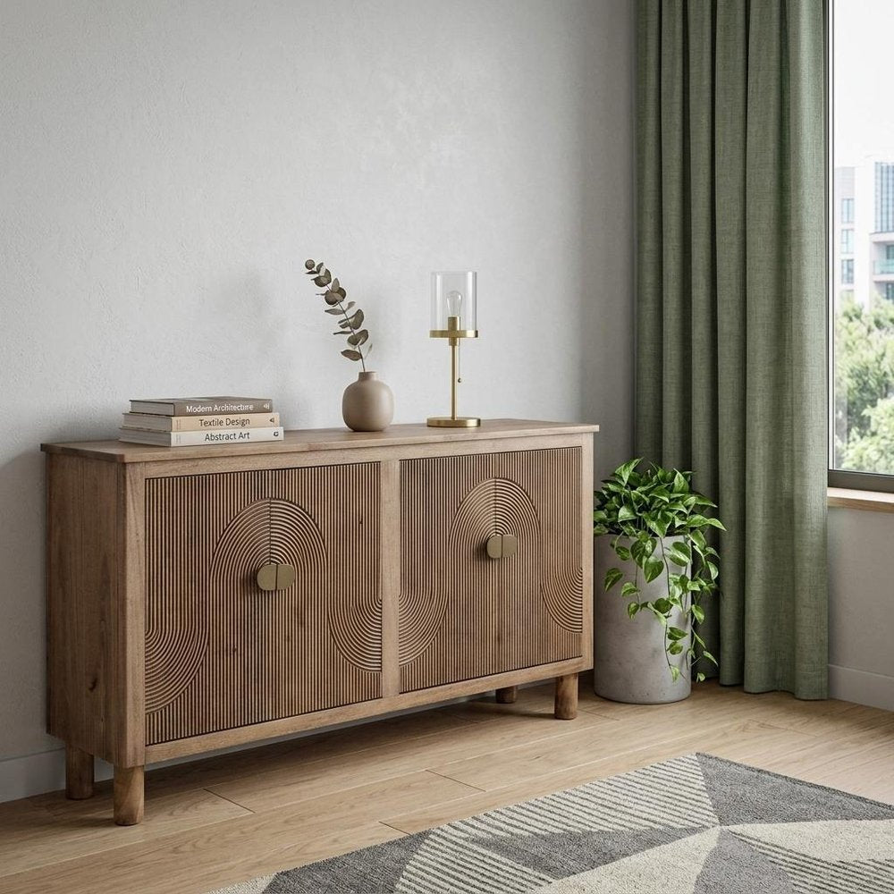 69" Brown Distressed Wood Carved Geometric Sideboard With Four Doors — view 8