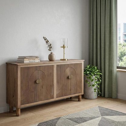 69" Brown Distressed Wood Carved Geometric Sideboard With Four Doors HomeRoots