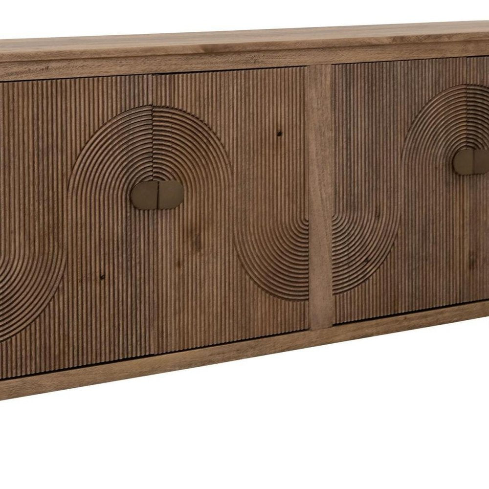 69" Brown Distressed Wood Carved Geometric Sideboard With Four Doors — view 9