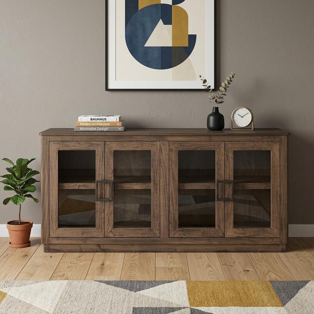 68" Brown Distressed Wood Sideboard With Four Glass Doors HomeRoots