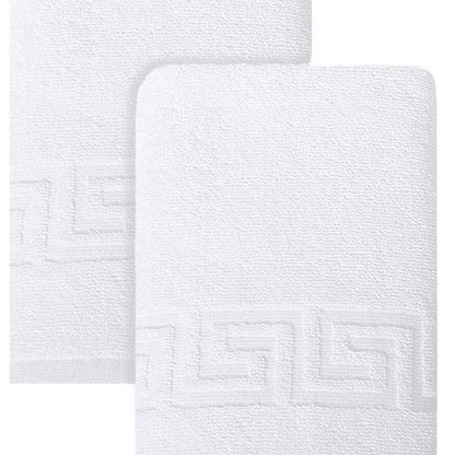 Set of Two White Greek Key Turkish Cotton 16" X 30" Hand Towels HomeRoots
