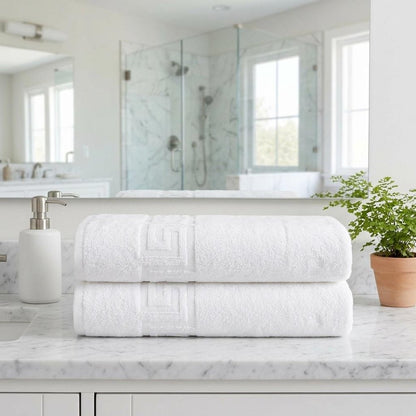 Set of Two White Greek Key Turkish Cotton 27" X 54" Bath Towels HomeRoots