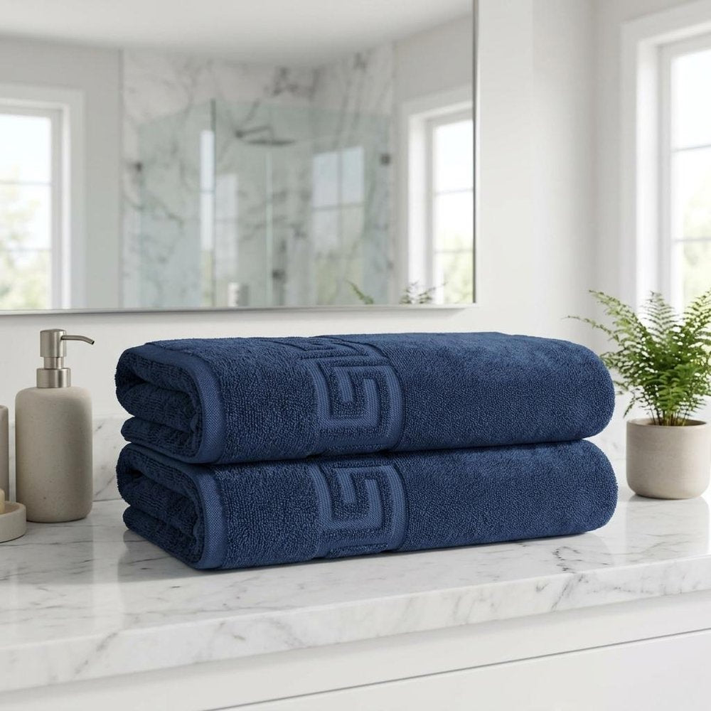 Set of Two White Greek Key Turkish Cotton 27" X 54" Bath Towels HomeRoots