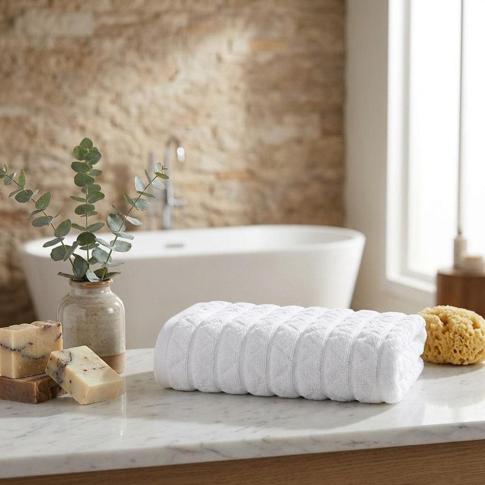 Set of Two White Geometric Turkish Cotton 27" X 54" Hand Towels HomeRoots