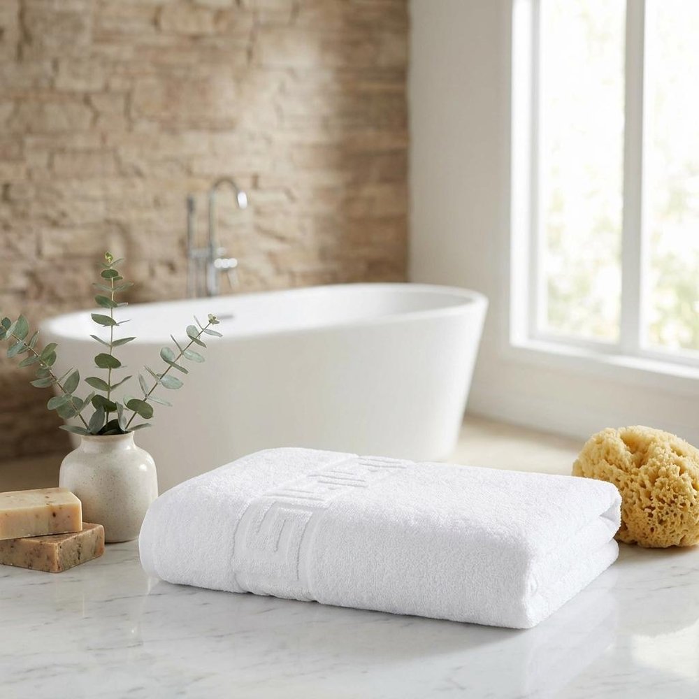 Set of Three White Greek Key Turkish Cotton 27" X 54" Bath Towels HomeRoots