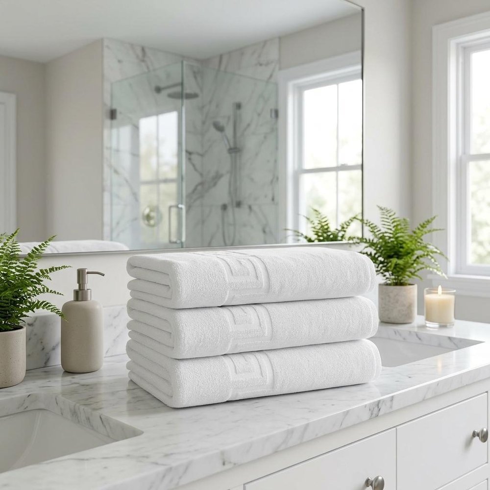 Set of Three White Greek Key Turkish Cotton 27" X 54" Bath Towels — view 7