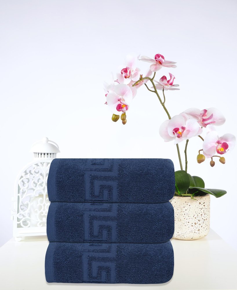 Set of Three White Greek Key Turkish Cotton 16" X 30" Hand Towels HomeRoots
