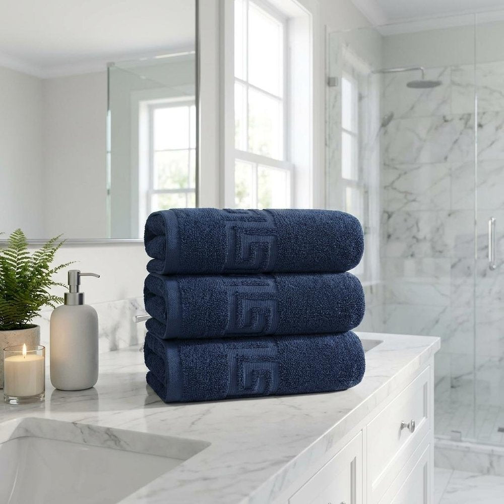 Set of Three White Greek Key Turkish Cotton 16" X 30" Hand Towels HomeRoots