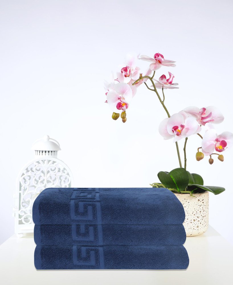 Set of Three White Greek Key Turkish Cotton 27" X 54" Bath Towels HomeRoots