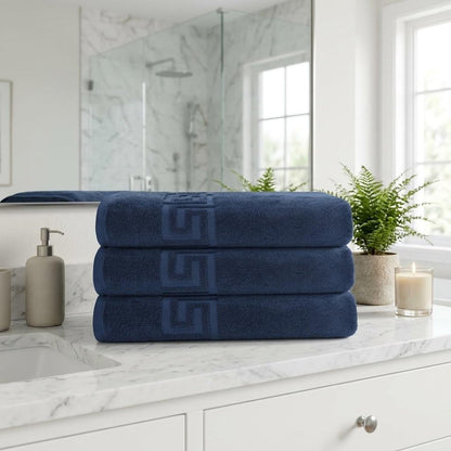 Set of Three White Greek Key Turkish Cotton 27" X 54" Bath Towels HomeRoots