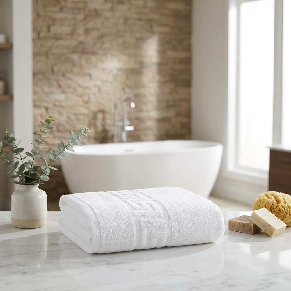 Set of Four White Greek Key Turkish Cotton 16" X 30" Hand Towels — view 2
