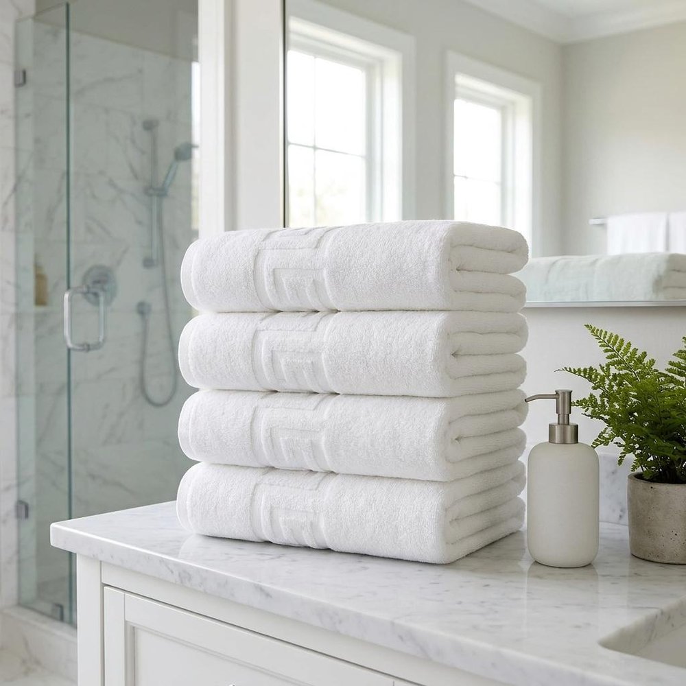 Set of Four White Greek Key Turkish Cotton 16" X 30" Hand Towels HomeRoots