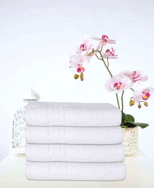 Set of Four White Greek Key Turkish Cotton 27" X 54" Bath Towels