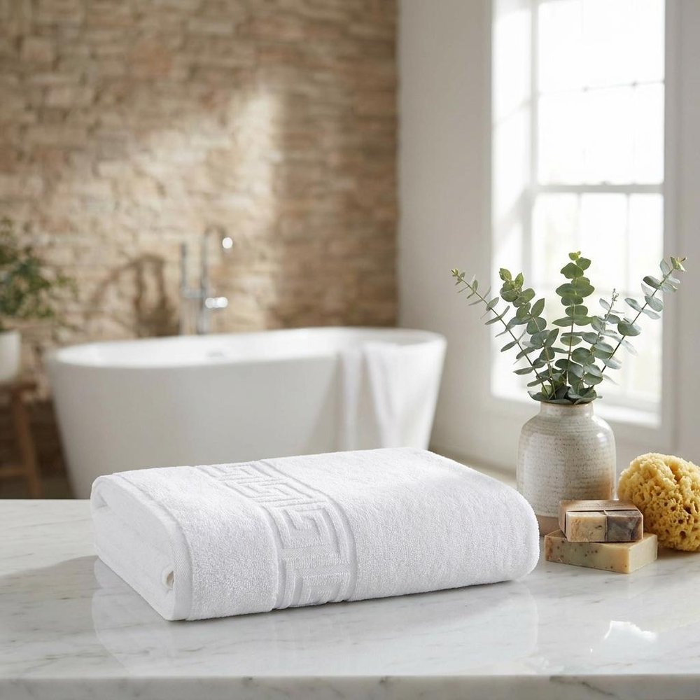 Set of Four White Greek Key Turkish Cotton 27" X 54" Bath Towels HomeRoots