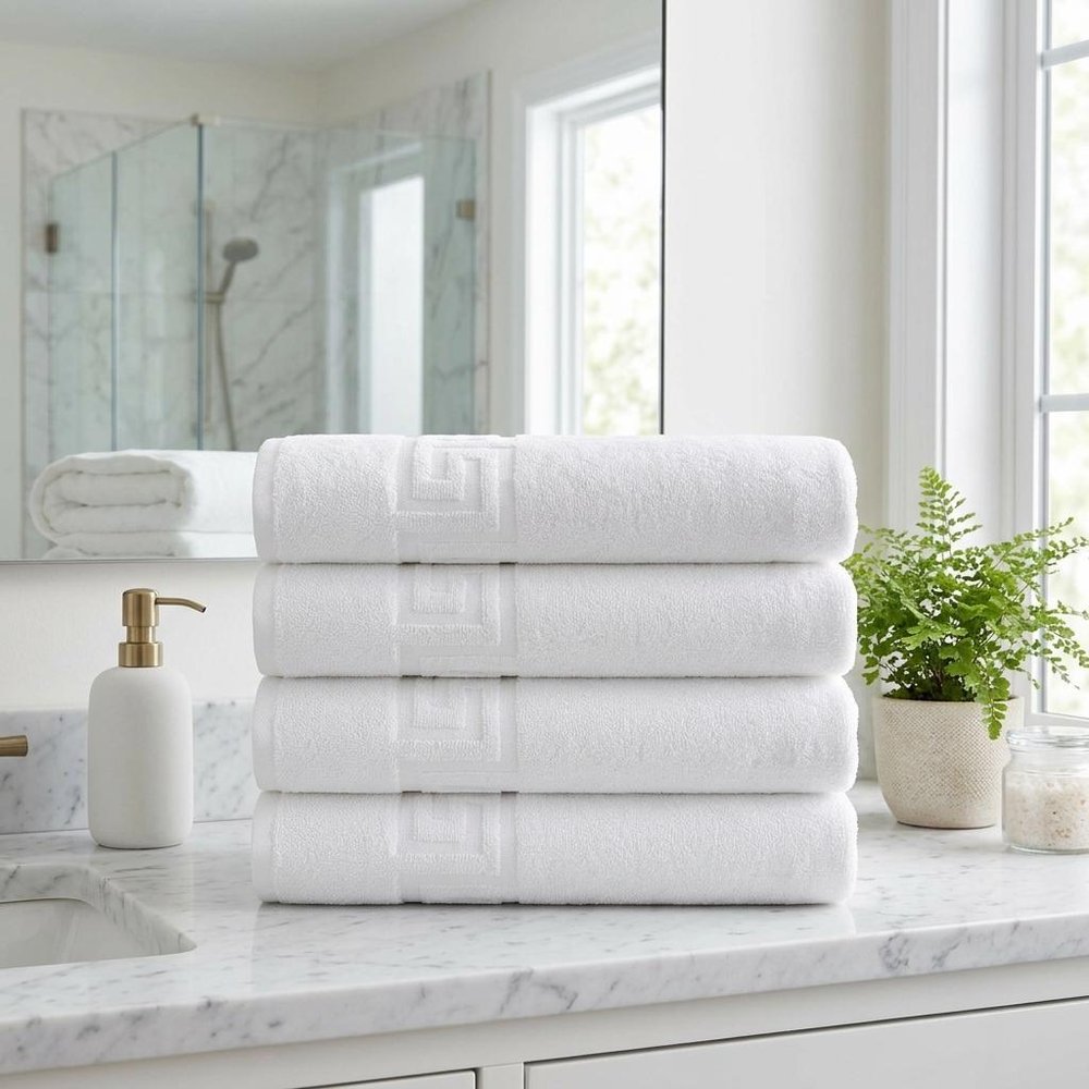 Set of Four White Greek Key Turkish Cotton 27" X 54" Bath Towels — view 7