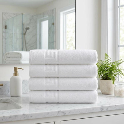 Set of Four White Greek Key Turkish Cotton 27" X 54" Bath Towels HomeRoots