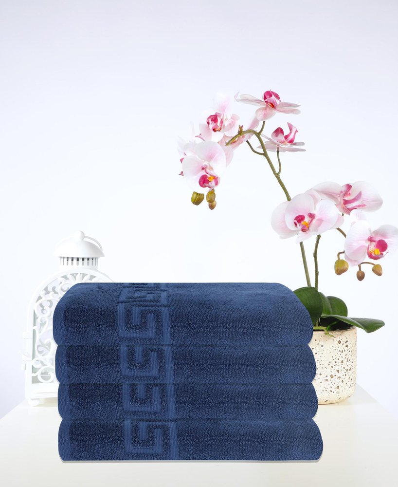Set of Four White Greek Key Turkish Cotton 27" X 54" Bath Towels HomeRoots