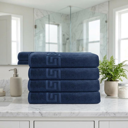 Set of Four White Greek Key Turkish Cotton 27" X 54" Bath Towels HomeRoots