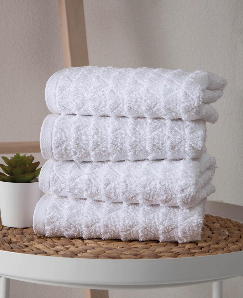 Set of Four White Geometric Turkish Cotton 16" X 30" Hand Towels HomeRoots