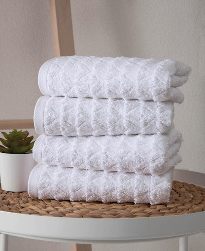 Set of Four White Geometric Turkish Cotton 16" X 30" Hand Towels HomeRoots