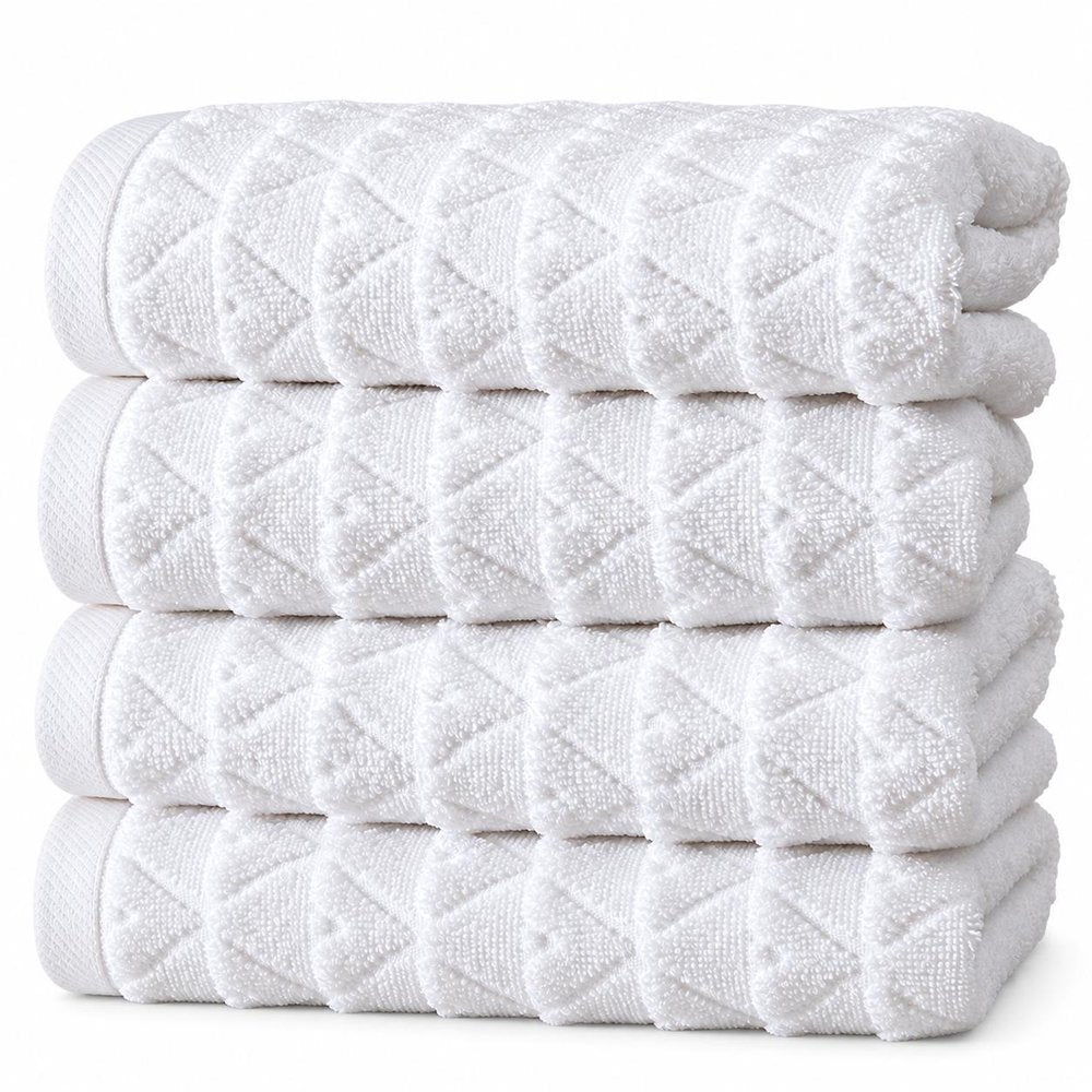 Set of Four White Geometric Turkish Cotton 16" X 30" Hand Towels HomeRoots