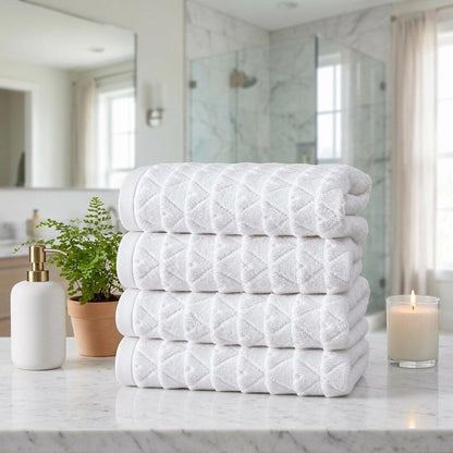 Set of Four White Geometric Turkish Cotton 16" X 30" Hand Towels HomeRoots