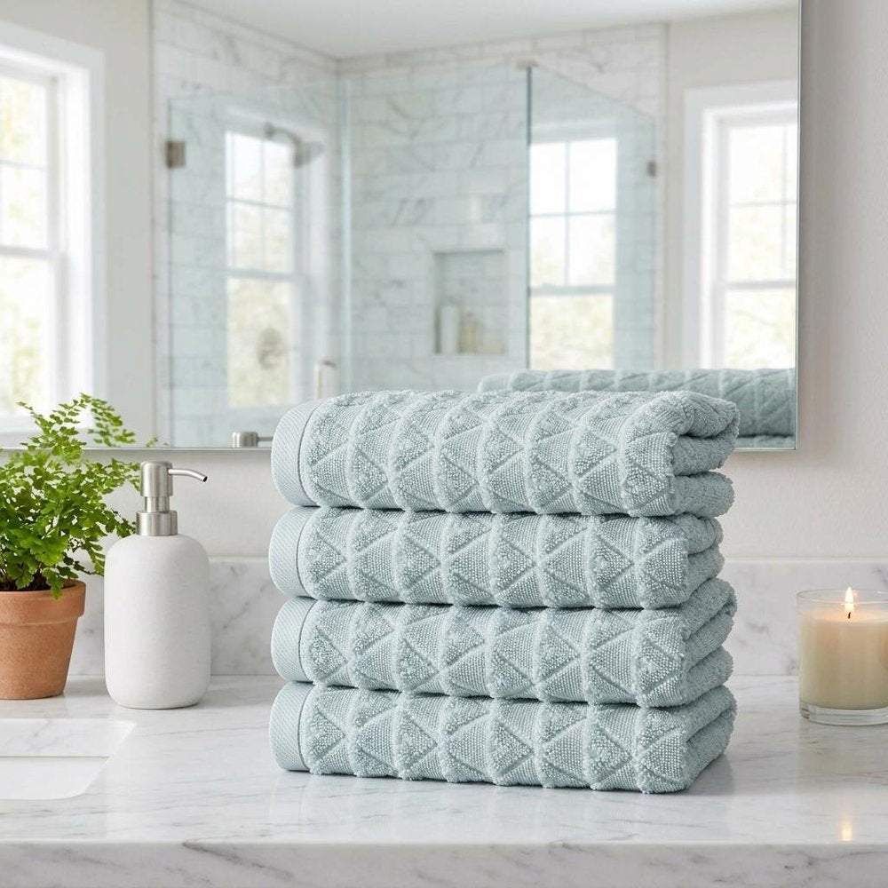 Set of Four White Geometric Turkish Cotton 16" X 30" Hand Towels HomeRoots