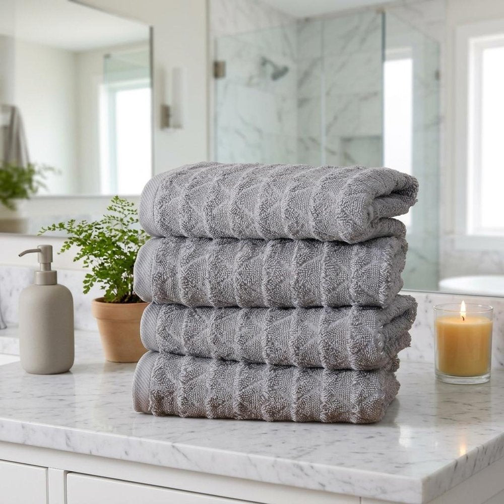 Set of Four White Geometric Turkish Cotton 16" X 30" Hand Towels HomeRoots