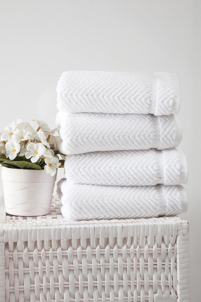 Set of Four White Chevron Turkish Cotton 16" X 30" Hand Towels HomeRoots
