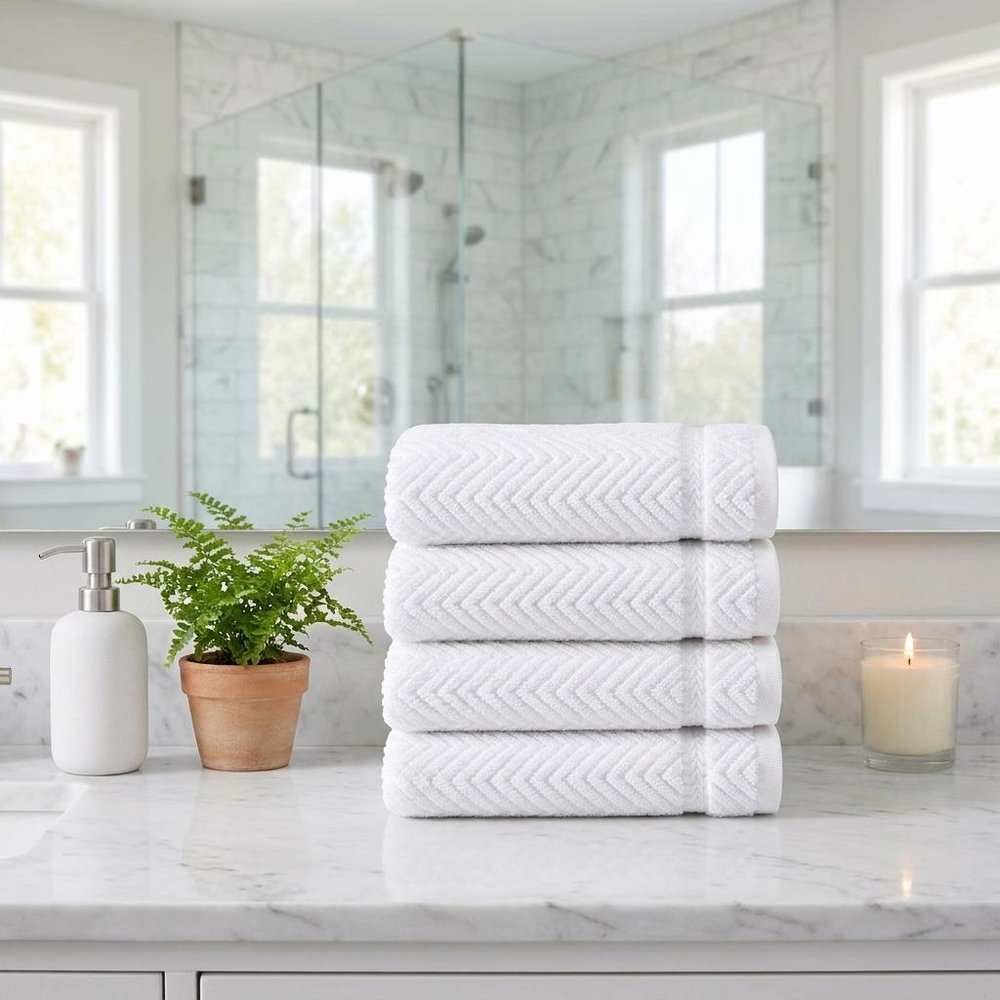 Set of Four White Chevron Turkish Cotton 16" X 30" Hand Towels — view 1