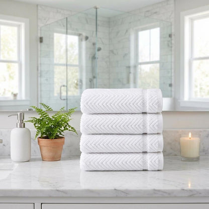 Set of Four White Chevron Turkish Cotton 16" X 30" Hand Towels HomeRoots