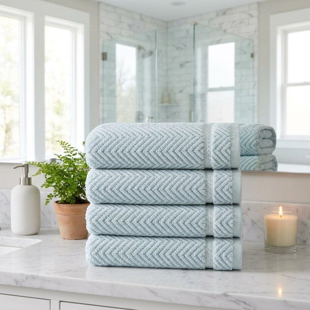 Set of Four White Chevron Turkish Cotton 16" X 30" Hand Towels HomeRoots