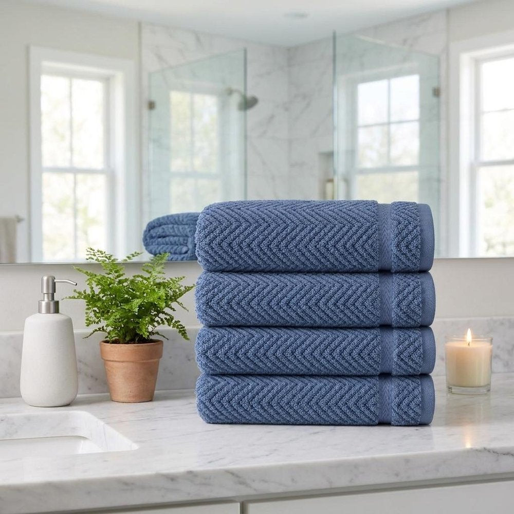 Set of Four White Chevron Turkish Cotton 16" X 30" Hand Towels HomeRoots