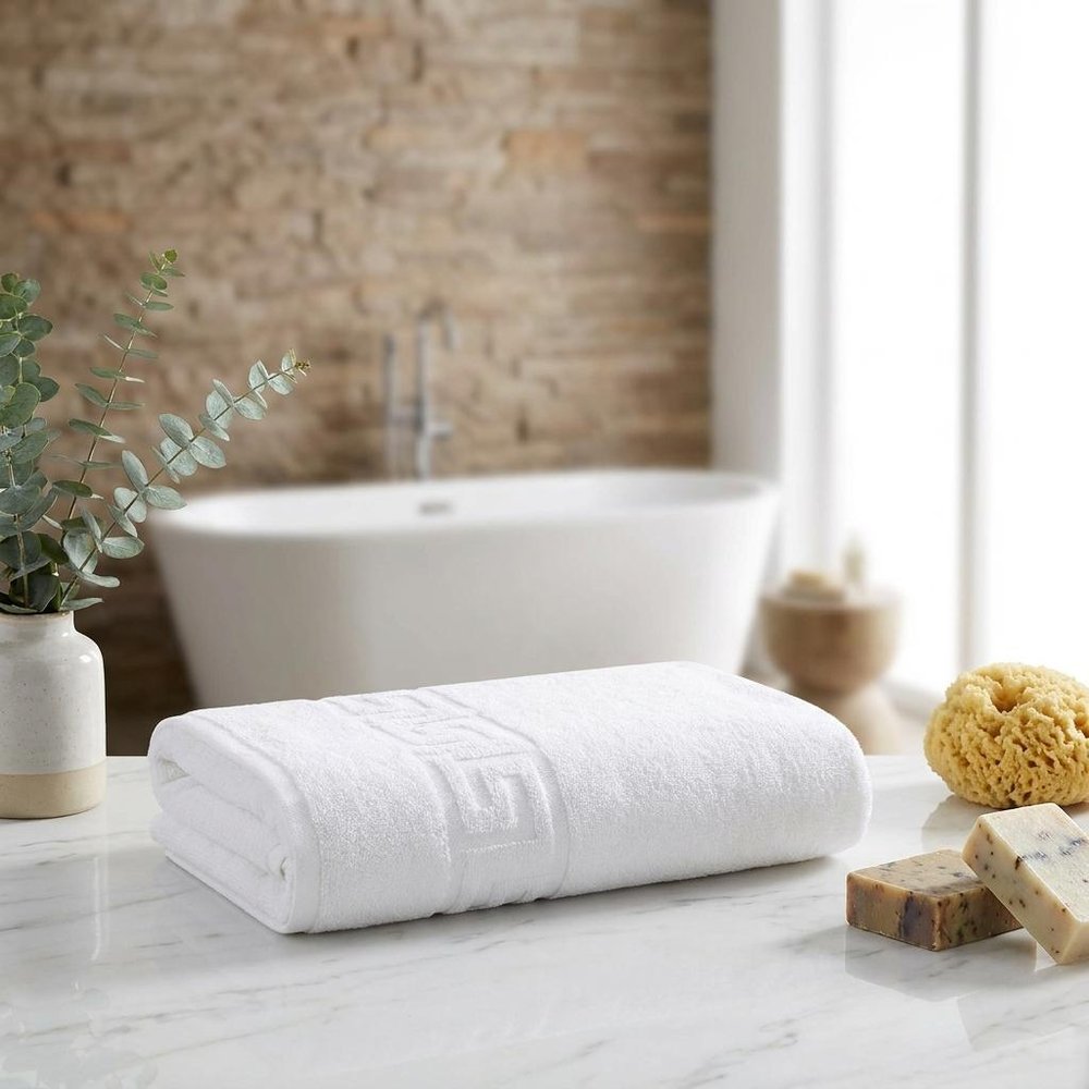 Set of Two White Greek Key Turkish Cotton 40" X 60" Bath Sheets HomeRoots