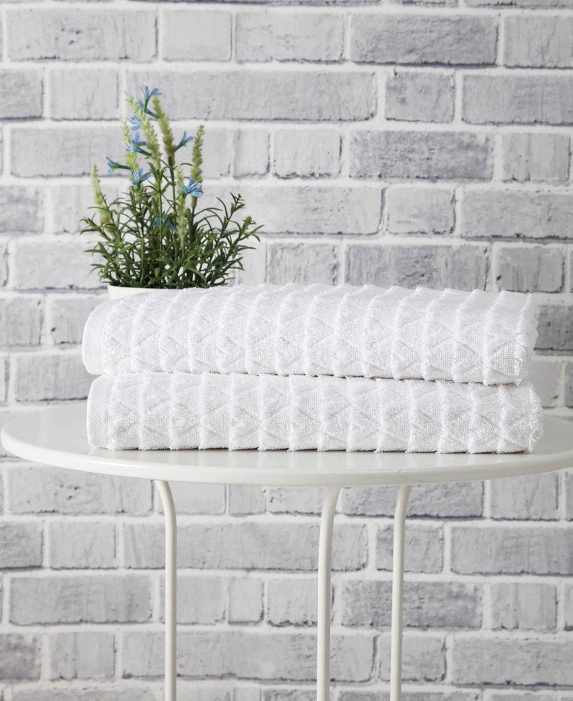 Set of Two White Geometric Turkish Cotton 27" X 54" Bath Towels HomeRoots