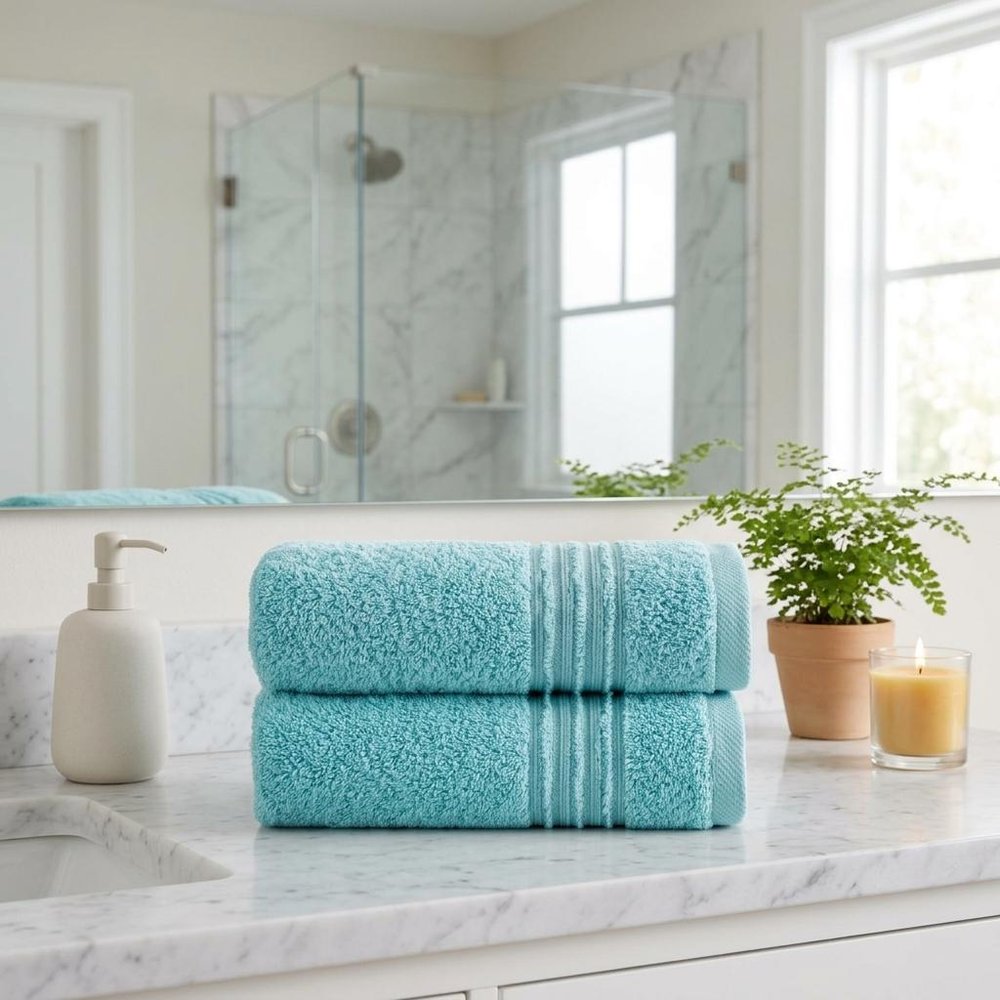 Set of Two Aqua Turkish Cotton 16" X 30" Hand Towels — view 10