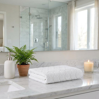 Set of Two White Geometric Turkish Cotton 27" X 54" Bath Towels HomeRoots