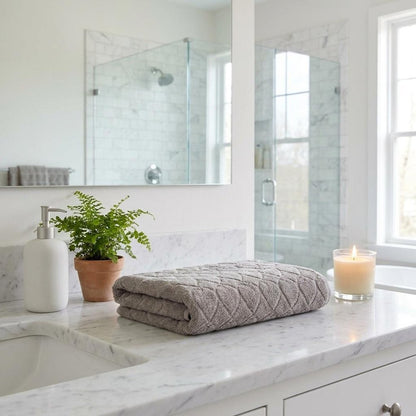Set of Two White Geometric Turkish Cotton 27" X 54" Bath Towels HomeRoots