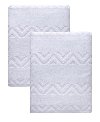 Set of Two White Geometric Turkish Cotton 40" X 70" Bath Sheets HomeRoots