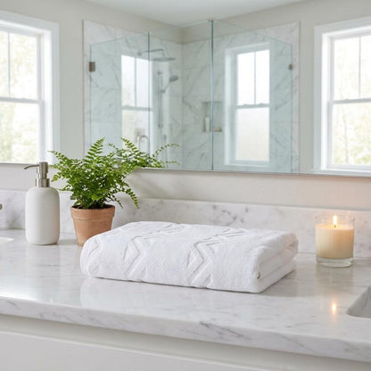 Set of Two White Geometric Turkish Cotton 40" X 70" Bath Sheets HomeRoots
