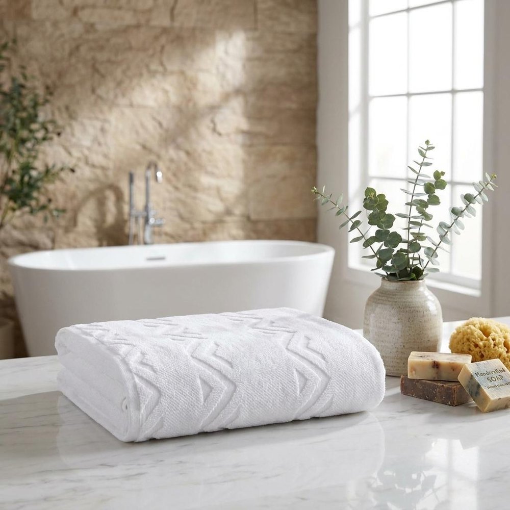 Set of Two White Geometric Turkish Cotton 27" X 54" Bath Towels — view 4