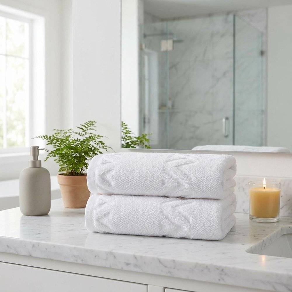 Set of Two White Geometric Turkish Cotton 16" X 30" Hand Towels HomeRoots