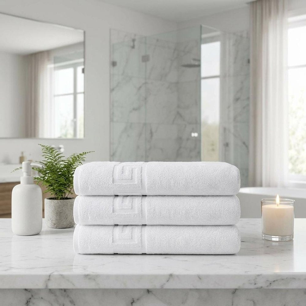 Set of Three White Greek Key Turkish Cotton 40" X 60" Bath Sheets HomeRoots